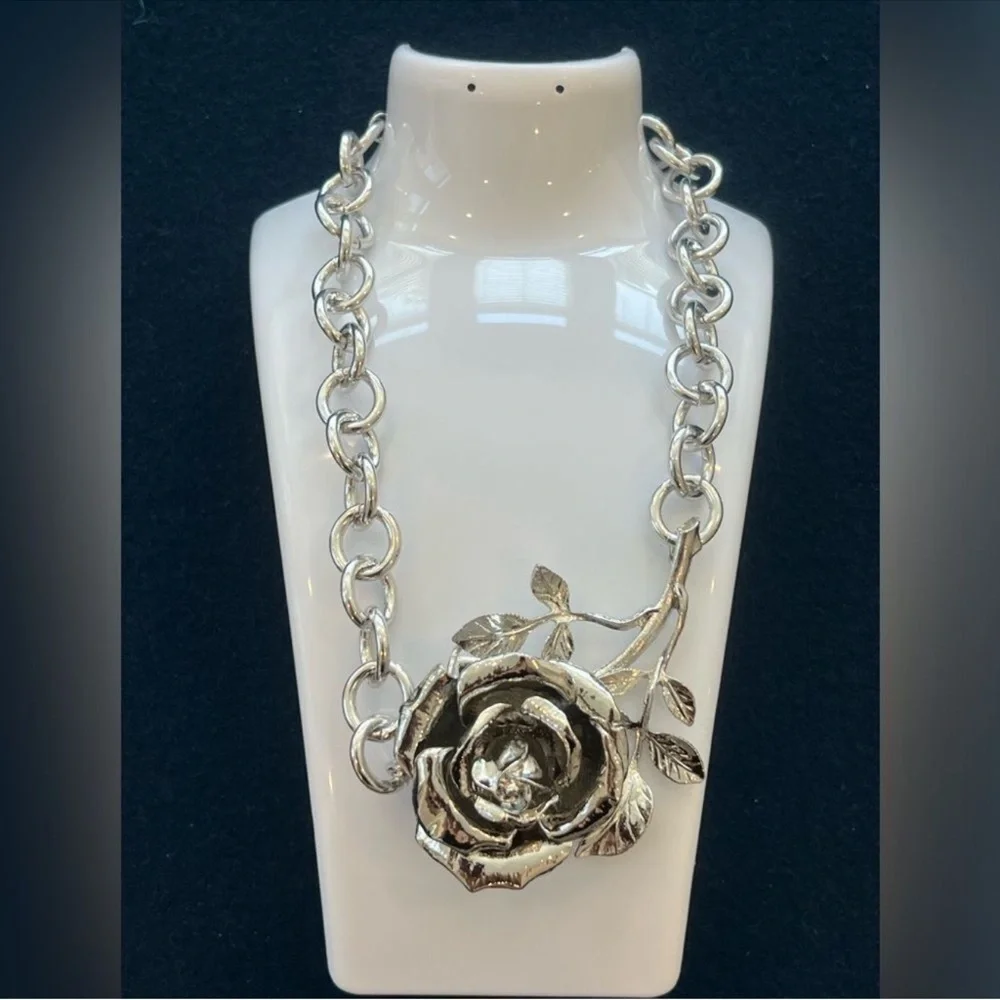 Zara Bold Rose Statement Necklace - Silver Tone - Picture 6 of 6